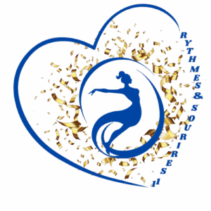 Logo de l'association Rythmes & Sourires représentant une silhouette féminine en mouvement, entourée d'un cœur bleu et de motifs dorés évoquant la danse, la grâce et la joie.